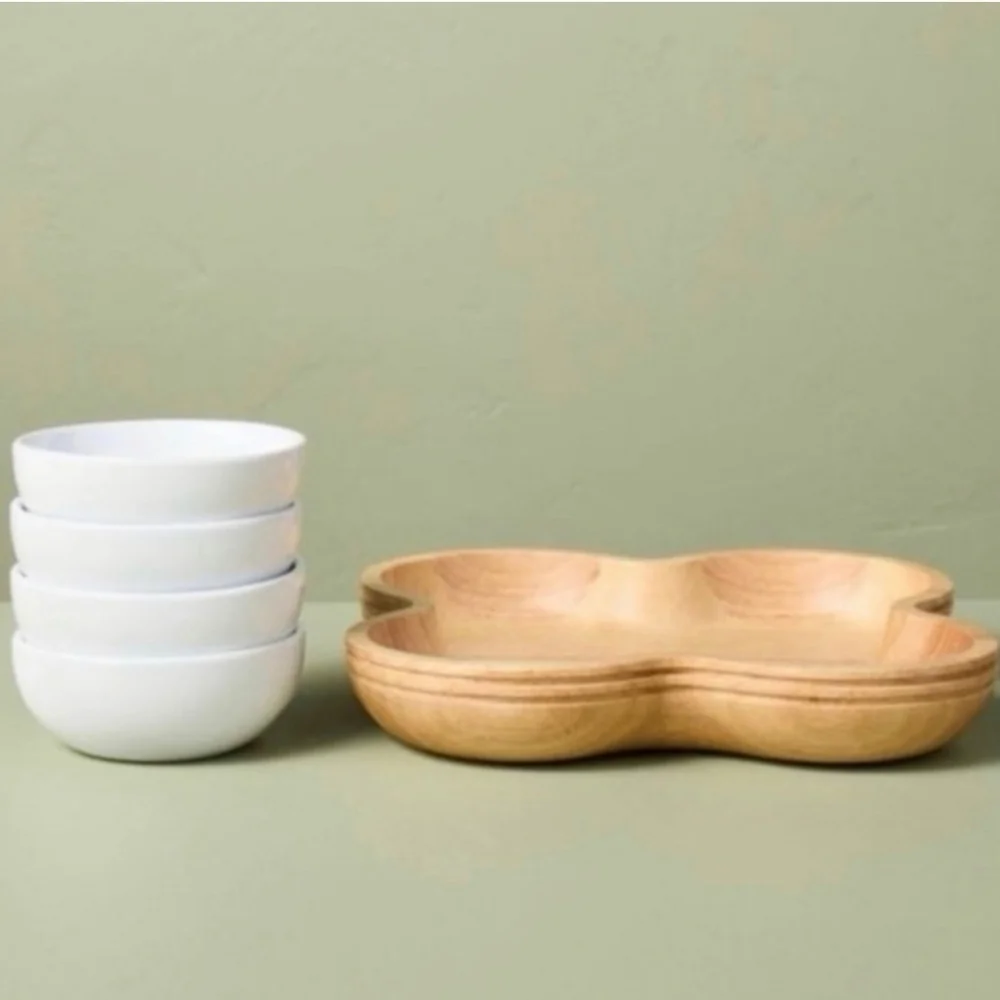 Hearth And Hand Rubberwood Serving Tray With 4 Ceramic Bowls